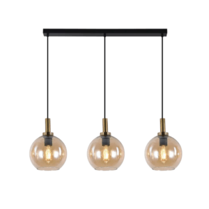 Pendel 3xE27 Ø200mm balk Zwart/goud, amber glas - FANTASIA OSIRA 3