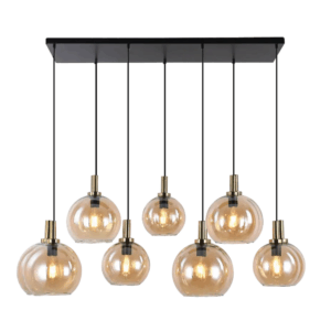 Pendel 3xE27 Ø200mm 4xE27 Ø250mm balk Zwart/goud, amber glas - FANTASIA OSIRA 7